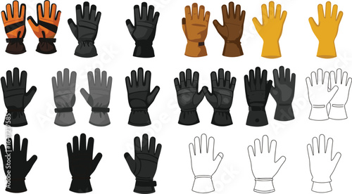 Collection of vector safety gloves in various colors, styles, and materials, suitable for industrial, construction, workwear, and personal protective equipment illustrations