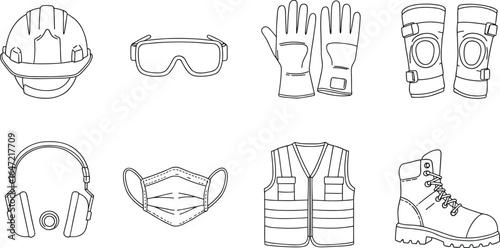 Personal protective equipment line icon set, including gloves, helmet, mask, vest, goggles, boots, ear muffs, and knee pads vector illustration