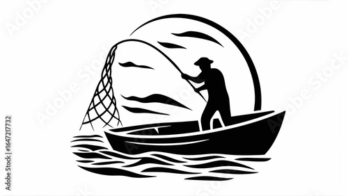 Silhouette of a fisherman in a boat casting a net with waves and a curved backdrop design element