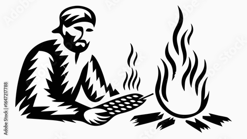 Illustration of a man with a beard cooking food over a fire in a black and white graphic style design silhouette