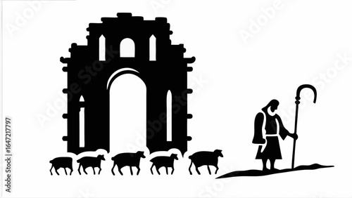 Illustration of a shepherd leading sheep through an archway in a black and white silhouette scene