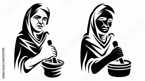 Two stylized depictions of a woman in a headscarf using a mortar and pestle in black and white art silhouette