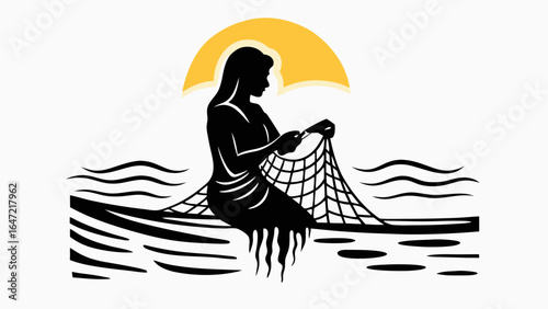 Silhouette of a woman mending a fishing net with the sun in the background over the ocean waves