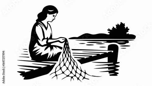 A woman sitting on a dock mending a fishing net with a lake and island in the background in black and white silhouette