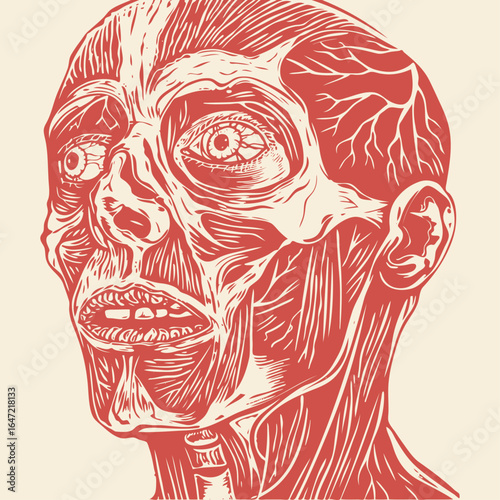Anatomical illustration of a human head showing the muscular system without skin. Detailed vector graphic in a vintage woodcut or engraving art style.