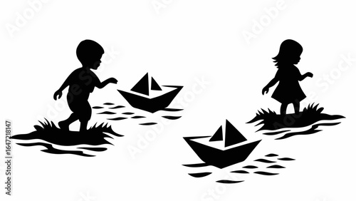 Silhouette illustration of children playing with paper boats on water near grassy banks creating a scene of childhood joy