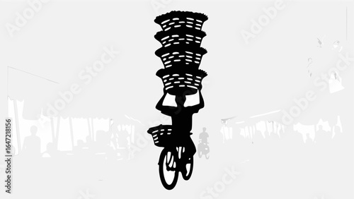 Silhouette of person riding bicycle carrying stack of baskets on head and basket on bicycle front with street