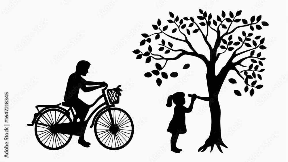 Obraz premium Silhouette of a person riding a bicycle and a child near a tree with leaves in black and white image