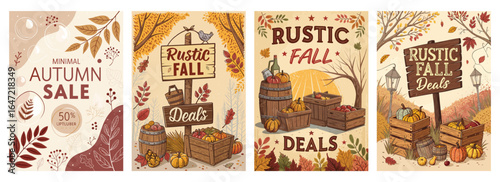 Autumn-themed marketing materials featuring rustic elements and vibrant fall colors inviting shoppers for seasonal deals.