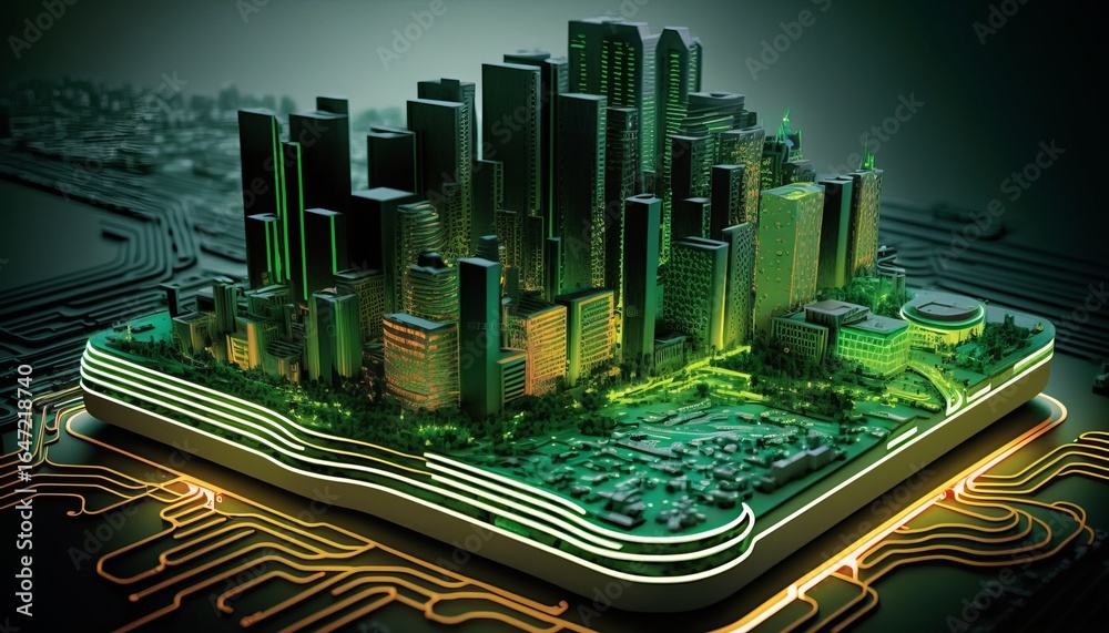 Fototapeta premium Smart city on circuit board background. Futuristic cyberspace concept