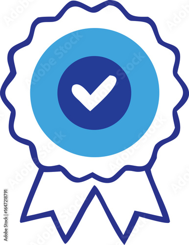Blue ribbon award with a white checkmark symbol inside a circle representing approval and quality