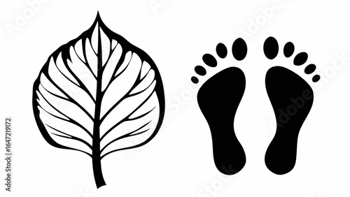 Illustration of a leaf with visible veins and a pair of footprints side by side in black and white silhouette