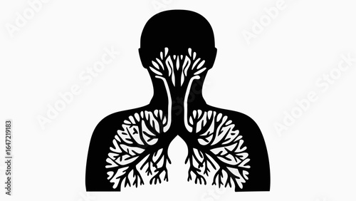 Silhouette of a person with tree like structures representing lungs and respiratory system in black and white