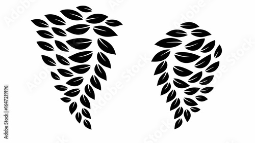 Two clusters of stylized leaves arranged in a curved, cascading pattern on a white background design element silhouette