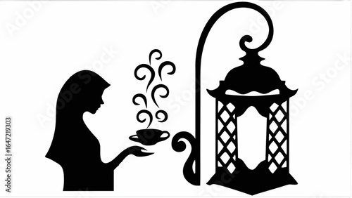 Silhouette of a woman with hijab holding a cup of tea next to an ornate lantern in black and white design