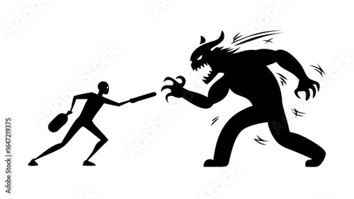 Man versus monster illustration black and white silhouette battle fight warrior demon creature horror scary