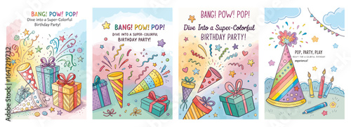 Colorful birthday party invitations featuring gifts, confetti, and festive hats.