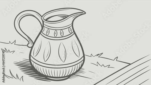 Downloadable outline drawing of a vintage water pitcher with handle and spout vector illustration