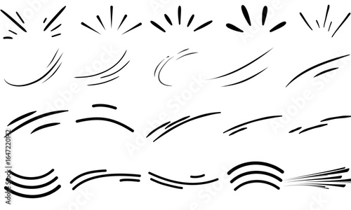 Comic line sparkle and movement elements set. black ink motion accents, burst effects, and dynamic hand drawn stroke symbols perfect for manga, cartoon, or pop art vector illustration projects