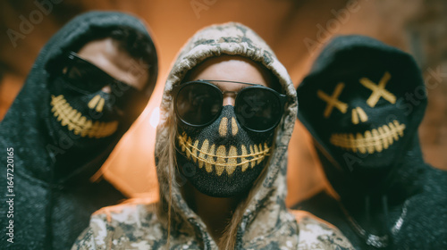 Menacing group in purge masks and hoodies for cyberpunk halloween party. Anonymous hackers or scary gang pose with threatening look