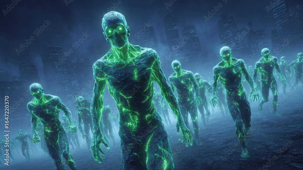 Fototapeta premium Menacing green zombie horde with glowing eyes emerges from dark fog. spooky cyberpunk scene perfect for terrifying halloween concept