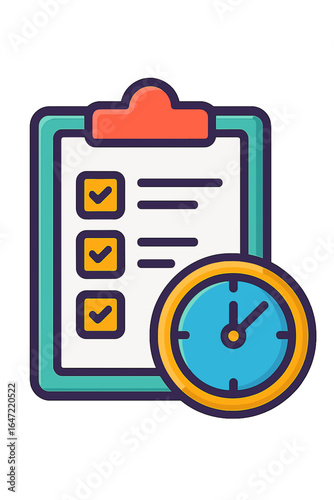 Checklist with clock representing time management and productivity planning workflow icons timeclock