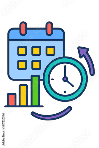 Calendar with clock and bar graph in modern flat design style planning workflow icons timeclock