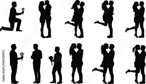 Romantic couple silhouettes in love, man proposing with flowers, kissing and hugging poses, relationship moments, romantic proposal vector, affection and love illustration