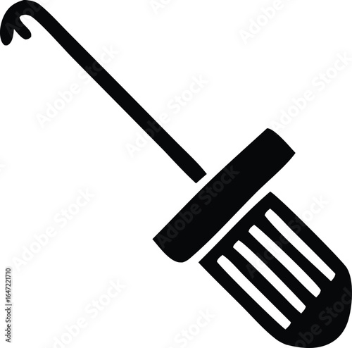 Simple black and white illustration of a screwdriver with a hooked tip and textured handle on a white background