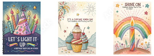 Vibrant and colorful birthday celebration illustrations featuring cakes, candles, and cupcakes.