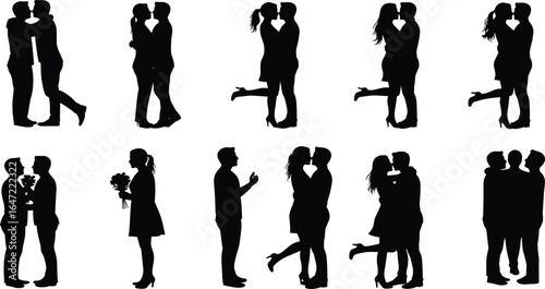 Silhouette of couples in love, romantic relationship vector illustration, kissing and holding hands, dating and proposal, black couple poses, emotional connection