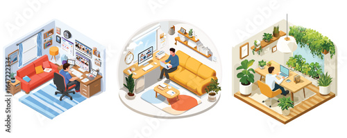 isometric set of 3 home interior rooms with furniture and plants