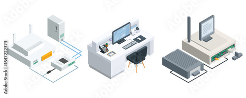 isometric set of photocopy machines printers and scanners