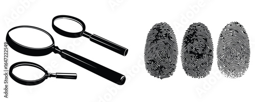 set of magnifying glass and fingerprint forensic elements