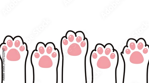 A row of cute white cat paws with pink pads reaching up. Cartoon vector illustration of kitty feet isolated on white background.