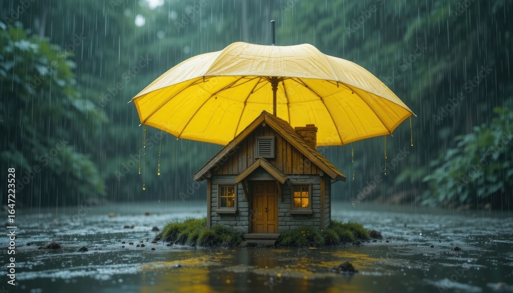 custom made wallpaper toronto digitalA tiny house in a yellow umbrella during a period of intense rain, signifying insurance and home security. Ideal for subjects related to risk management, house insurance, property protection, or real