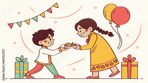 A cartoon illustration of a girl offering a plate of sweets to a boy, surrounded by gifts and balloons