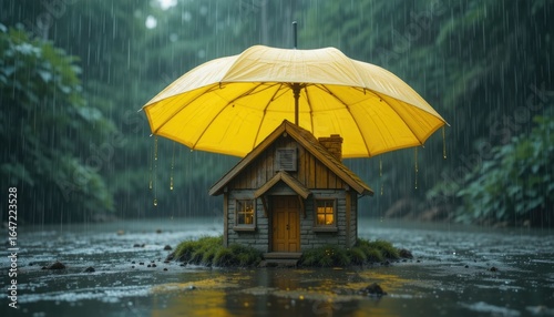 Wallpaper Mural A tiny house in a yellow umbrella during a period of intense rain, signifying insurance and home security.  Ideal for subjects related to risk management, house insurance, property protection, or real Torontodigital.ca