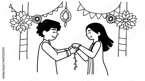 Illustration of a boy and girl celebrating raksha bandhan with decorations and flowers around them