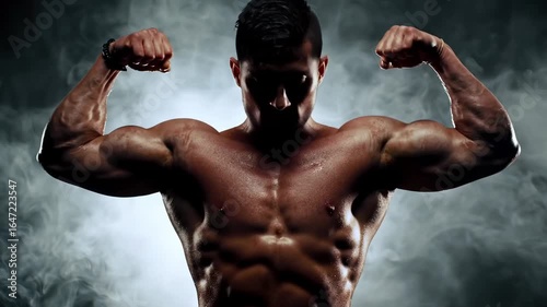 Muscular Man Showing Biceps in Smoke