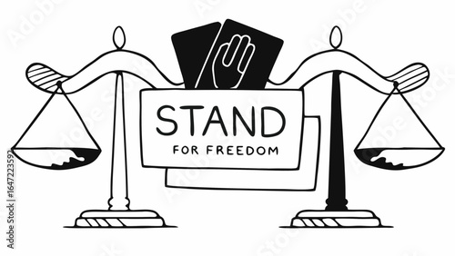 Illustration of scales of justice with stand for freedom sign and hand gesture for equality and rights