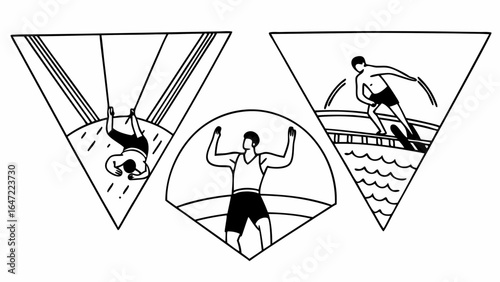 Three triangular scenes showing aerial acrobatics weightlifting and waterskiing activities in black and white
