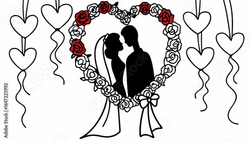 Silhouette of a bride and groom inside a floral heart with hanging heart decorations on the sides