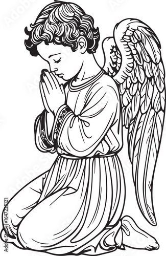 Praying Angel Line Art Illustration – Spiritual Religious Sketch of Kneeling Angel with Wings