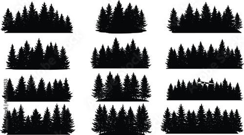 Vector collection of dense pine tree forest silhouettes, black evergreen landscape, nature background elements, suitable for design, decoration, outdoor and wilderness concepts