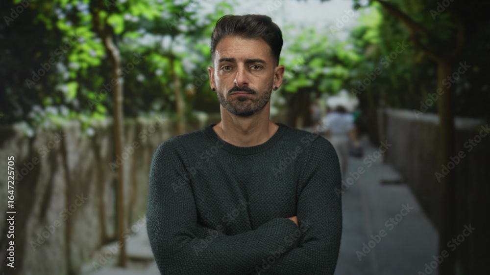 Fototapeta premium Man wearing green sweater with arms crossed on a sunlit street lined with trees and stone walls in a city lane; rejection.