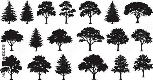 Set of various tree silhouette vector illustrations, pine and deciduous trees, natural landscape elements for outdoor, nature, and forest graphic design projects