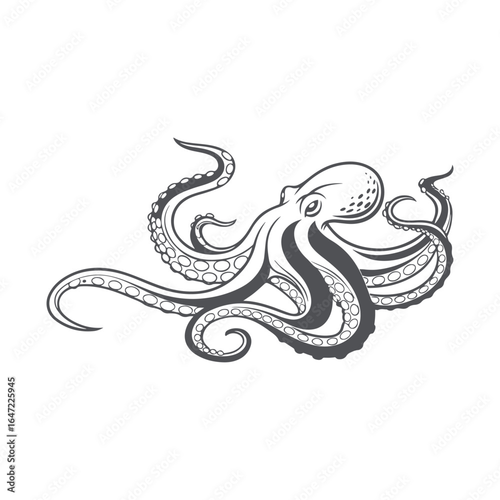 Fototapeta premium Black and White Octopus Vector Illustration. Detailed Marine Cephalopod with Curled Tentacles Isolated on White Background