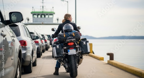 Woman biker on a loaded touring motorcycle waiting in line to board a car ferry for a journey