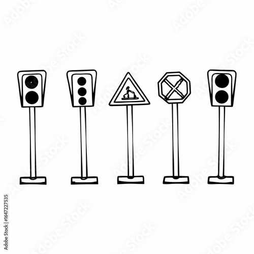 Illustration of various road signs and traffic lights isolated on white background, depicting urban traffic control and safety measures